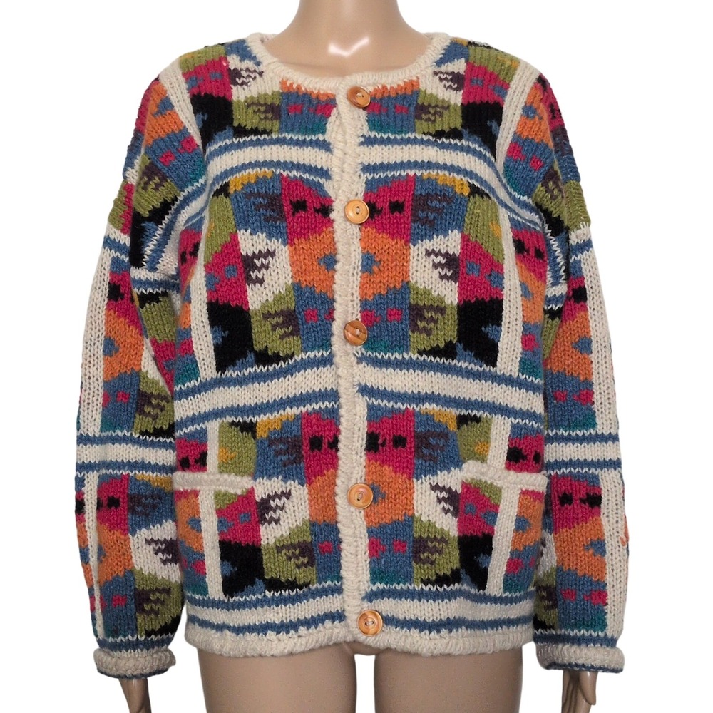 Express Tricot Vintage Hand Knitted Wool Cardigan Multi Color Geometric M/L